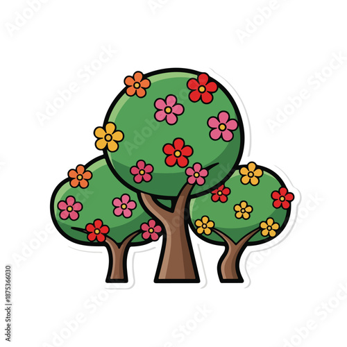 Three trees with colorful flowers in a serene landscape viewed from the front