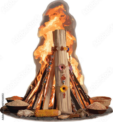 Traditional harvest festival bonfire illustration with decorated wood fire grains corn bowls cultural celebration rural folk art design