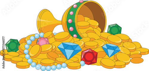 Treasure gold coins illustration, spilled goblet, precious gems and pearls, wealth concept, pirate loot, luxury fortune, vector art design collection