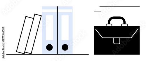 Business organization, office productivity, data management, professional workspace, corporate tools, administrative tasks. Icon of books, file folders and a briefcase. Business organization