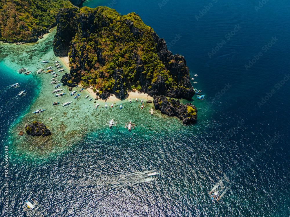 custom made wallpaper toronto digitalaerial view of El Nido, Philippines, featuring emerald lagoons, limestone karst islands, and vibrant tropical waters