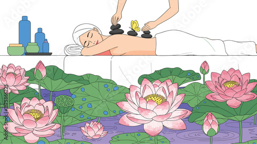 Relaxing spa stone massage treatment for woman on massage table, peaceful zen garden with pink lotus flowers and green lily pads pond.