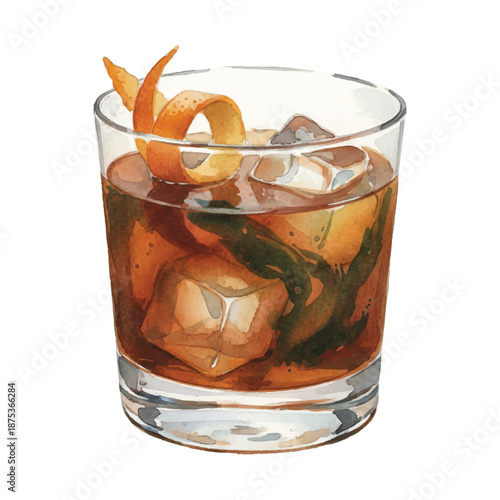 Toronto Whiskey Cocktail Watercolor Vector Illustration with Citrus Peel and Ice on White Background
