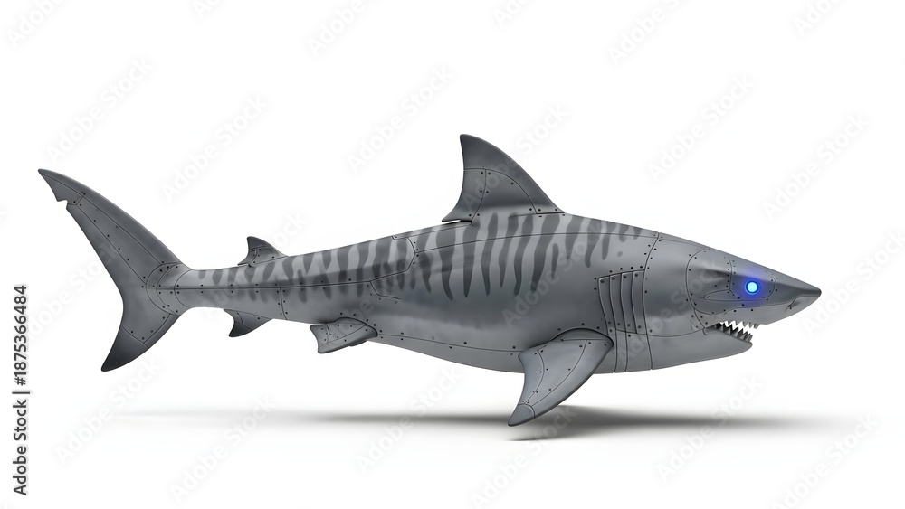 Fototapeta premium A robotic shark toy with glowing blue eyes on a white background