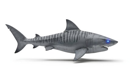 A robotic shark toy with glowing blue eyes on a white background