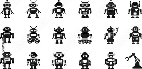 Robotics and artificial intelligence icons collection featuring flat color and black silhouette styles