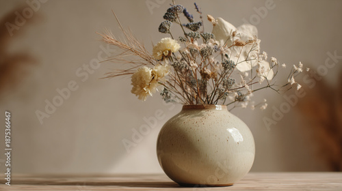 Minimalist arrangement of dried flowers and grasses in a ceramic vase