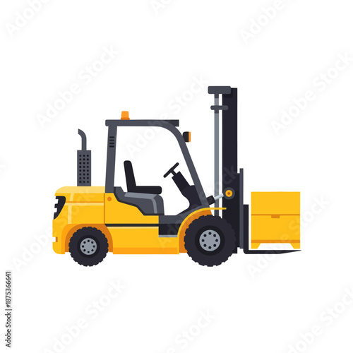 Yellow forklift truck lifting a box, industrial vehicle, warehouse equipment, logistics, delivery