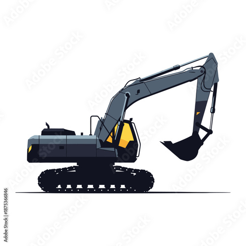 Modern gray excavator isolated on white background, construction machinery