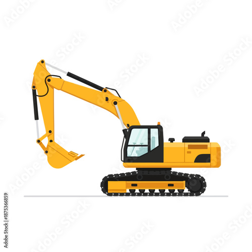 Yellow excavator construction machinery isolated on white background, vector illustration
