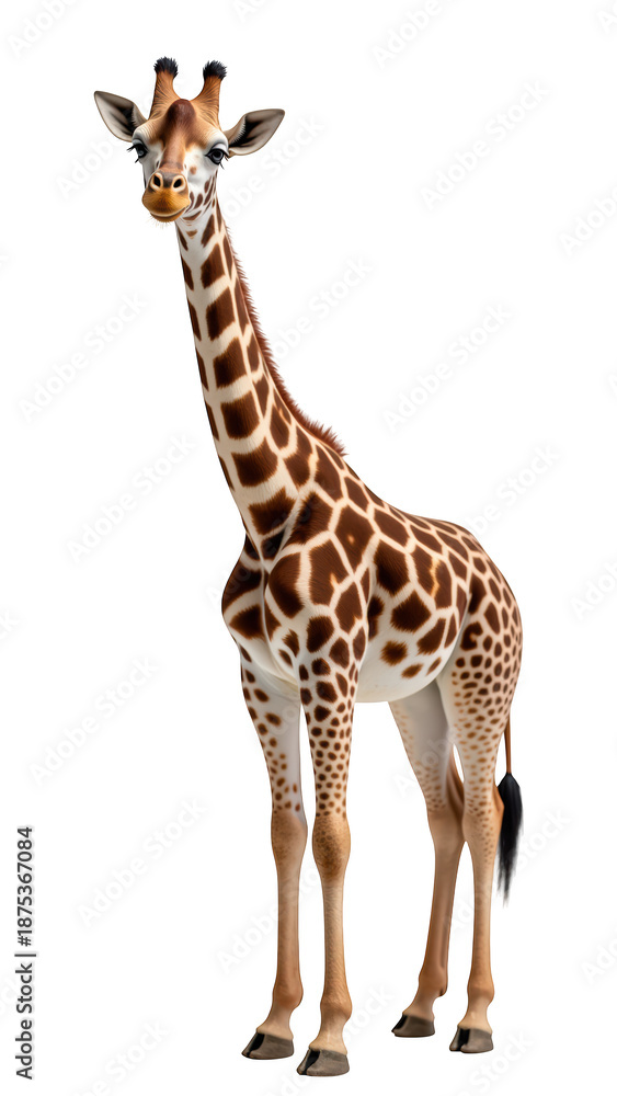 Obraz premium Realistic animated giraffe stands tall with unique pattern of spots, showcasing its long neck and expressive features. This charming character