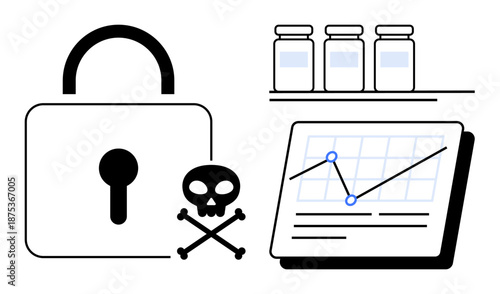 Lock, skull and crossbones, vials, tablet with rising graph visualize data security, medical research risks. Ideal for cybersecurity, healthcare, data breach, pharmaceutical safety analysis