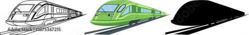 High speed modern bullet train on tracks set with line art, green flat, and silhouette versions.