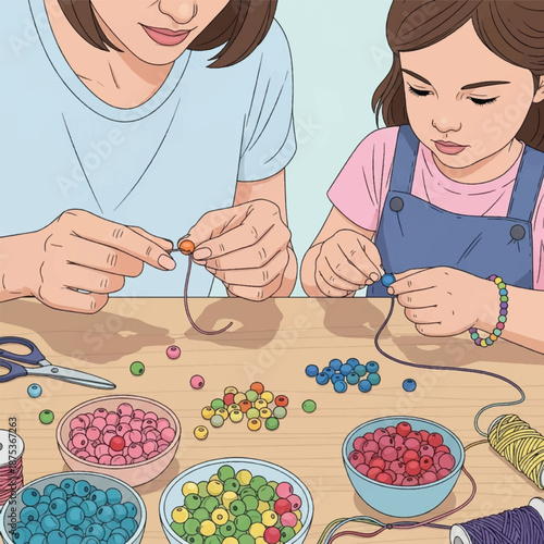Woman and girl making jewelry beads.