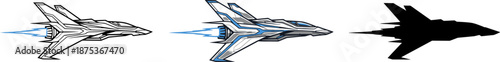 Futuristic sci-fi fighter spacecraft jet collection with line art, colorful detail, and silhouette versions.