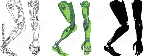 Artificial bionic robotic leg and hand limbs set featuring line art, mechanical color, and silhouette.