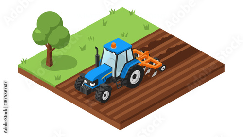 Isometric vector illustration of a blue tractor plowing a field, showcasing agricultural work in a stylized graphic format