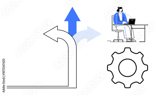 Workflow automation. Workflow automation through decision paths, gear icons, and a remote worker. Workflow improving efficiency in business, process management, and decision-making systems