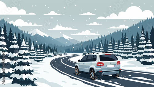Winter driving vector illustration of a car with snow chains on a winding road through a snowy forest and mountains