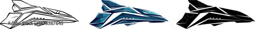 Futuristic sci-fi fighter spacecraft jet collection with line art, colorful detail, and silhouette versions.