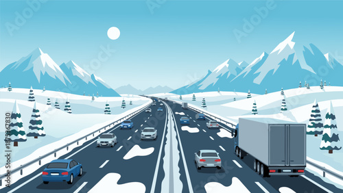 Winter highway traffic with snow-covered mountains, vector illustration of cars and trucks on a snowy road