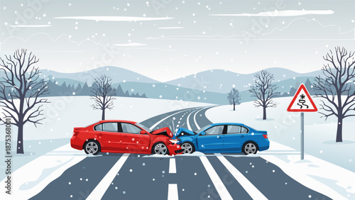 Winter Car Accident Vector Illustration on Snowy Road with Caution Sign