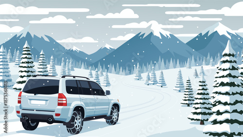 Winter travel vector illustration of a car on a snowy road with mountains and trees