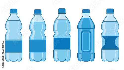 Collection of five stylized plastic beverage bottle illustrations showing different shapes and label designs