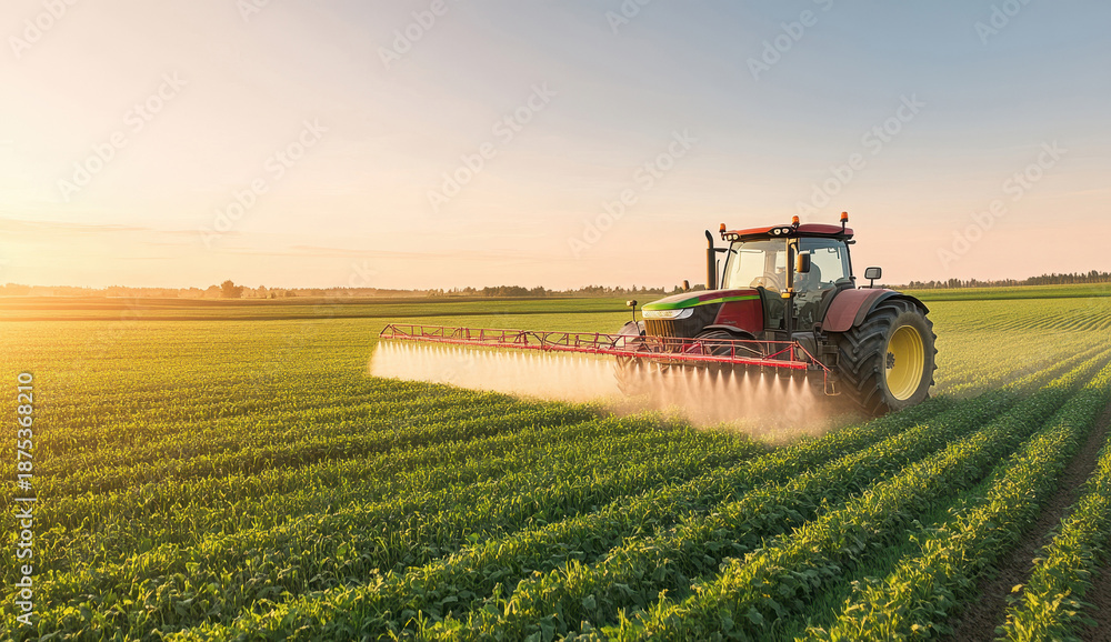 Obraz premium Tractor spraying fertilizer on a crop field during sunset