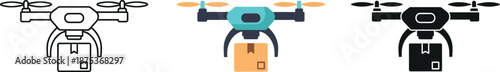 Modern delivery drone carrying a cardboard box package in line art, colorful, and silhouette versions.