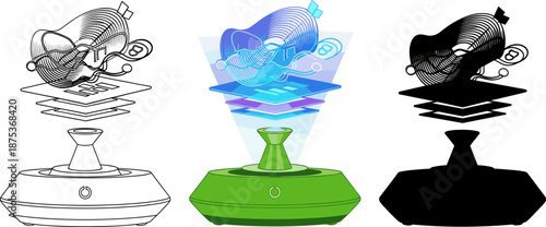 3D hologram projector device displaying futuristic digital data in line art, colorful glow, and silhouette styles.