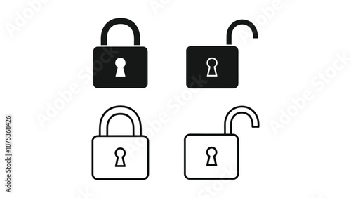 Collection of four padlock icons showing locked and unlocked states in solid and outline styles
