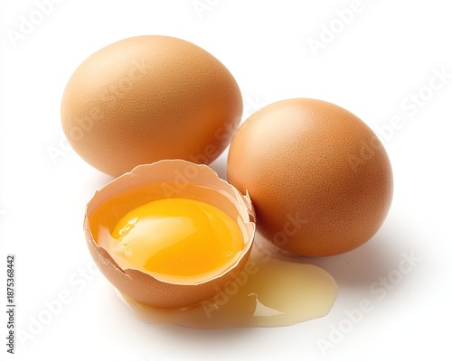 Three Brown Eggs And Broken Egg With Yolk