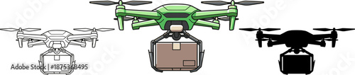 Professional delivery and photography drone set carrying package in line art, colorful, and silhouette versions set.