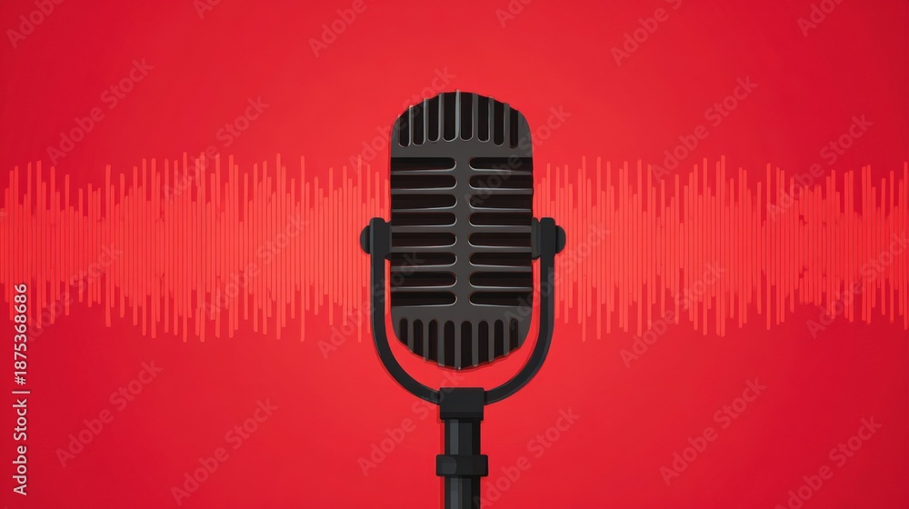Fototapeta premium Voice Beyond Distance Classic Vintage Microphone Against Bright Red Digital Audio Waveform Display World Radio Day Audio Broadcasting Concept Voices Through the Air