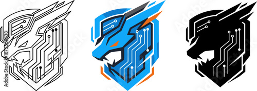 Futuristic cyber wolf head mascot logo set with circuit lines in line art, blue color, and silhouette.