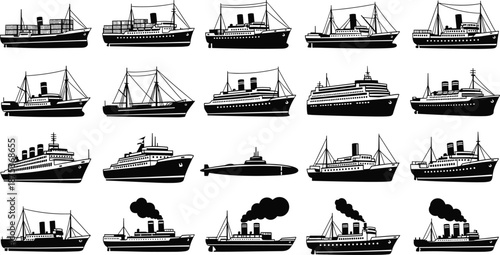 Set of Ship Silhouettes, Maritime Vessel Icons, Cargo Boats and Cruise Liners, Submarine and Steamship Graphics, Black Nautical Vector Illustration, Ocean Transport