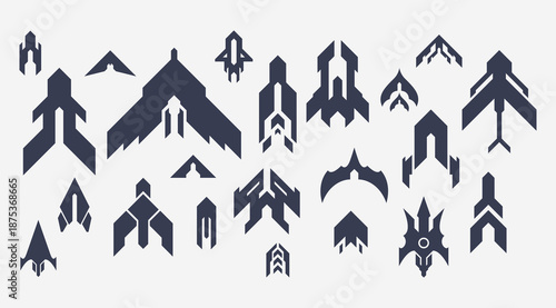 Futuristic aircraft and spaceship icon set. Minimalist flat vector icons for aerospace and tech. Perfect for science fiction branding, technology app interfaces, gaming assets, and modern aviation