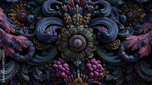 Wallpaper Mural A Stunning Close-Up of Intricate Baroque Floral Patterns Crafted from Swirling Colors and Textures, Featuring Lavish Details in Purple, Gold, and Aqua Hues Torontodigital.ca