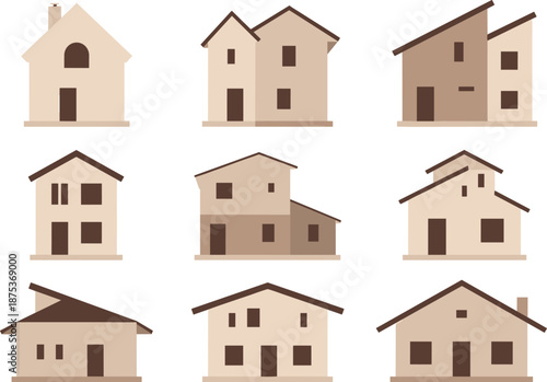 Architectural house facade illustration set with classic and modern residential buildings detailed exterior elevation design collection