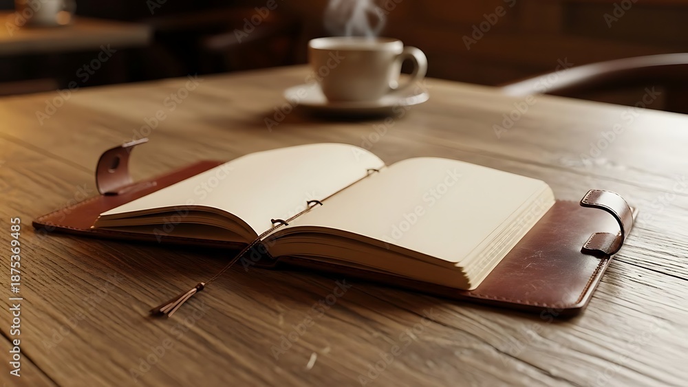 Fototapeta premium A leather-bound notebook lies open on a wooden table with a steaming cup of coffee in the background