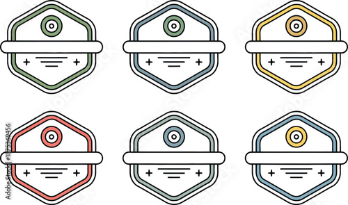 Six Hexagonal Badges with Different Colored Borders and Inner