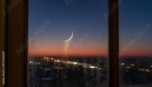 Serene twilight view of a luminous city with a slender crescent moon
