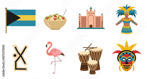 Bahamas travel icons: flag, food, resort, carnival dancer, symbol, flamingo, drums, mask