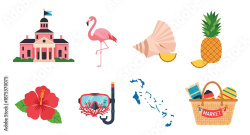 Tropical island vacation icons: flamingo, pineapple, hibiscus, and more