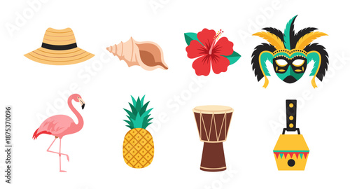 Tropical vacation and carnival icons: flamingo, pineapple, mask, hat, shell, flower, drum