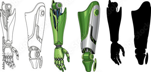 Artificial bionic robotic leg and hand limbs set featuring line art, mechanical color, and silhouette versions set.