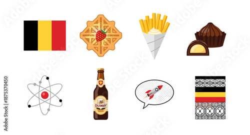 Collection of Belgian icons including flag, waffle, fries, chocolate, beer, atom, and rocket