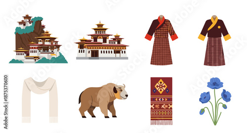 Bhutanese cultural symbols including traditional architecture, clothing, and flora