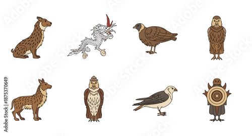 Collection of Bhutanese national symbols and animals in a simple illustration style